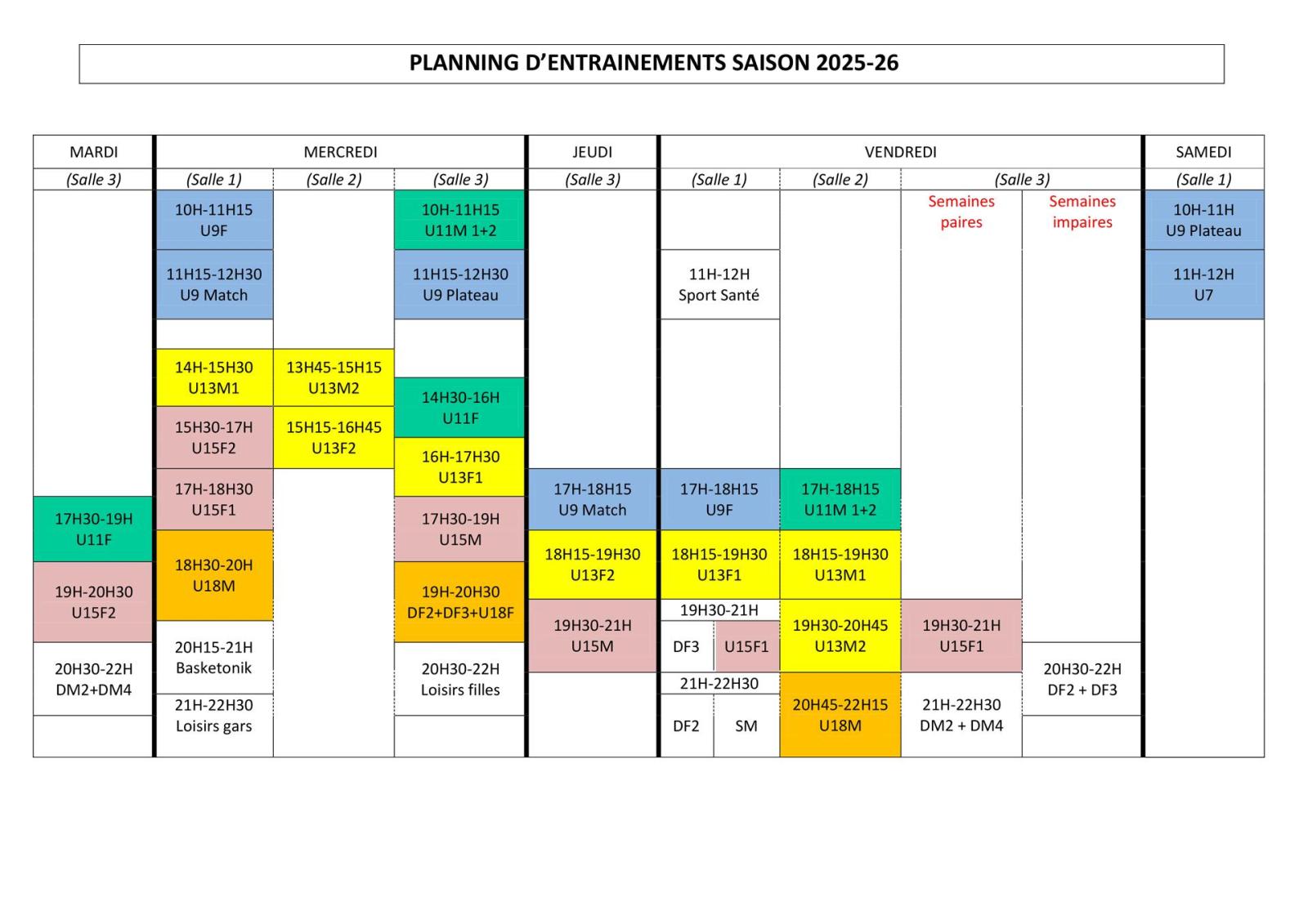 Planning des entrainements 2025/2026