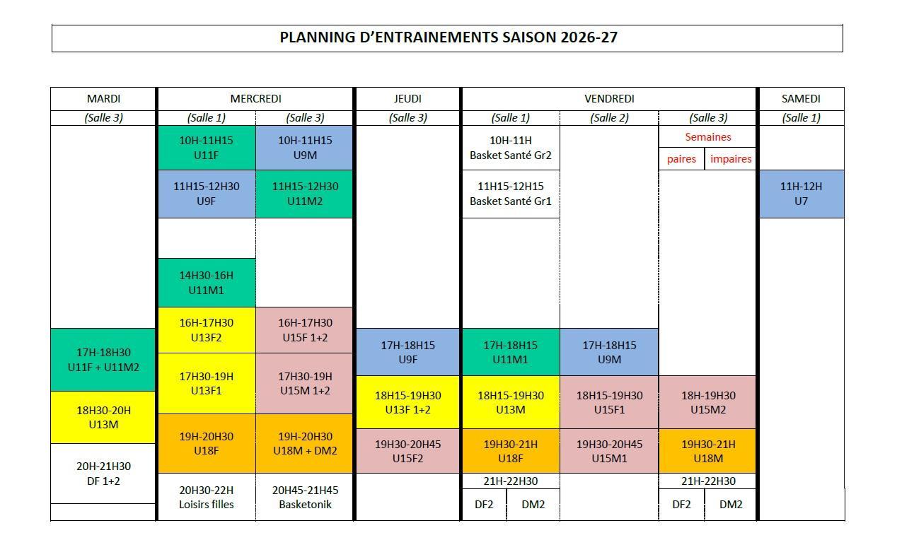 Planning des entrainements 2026/2027