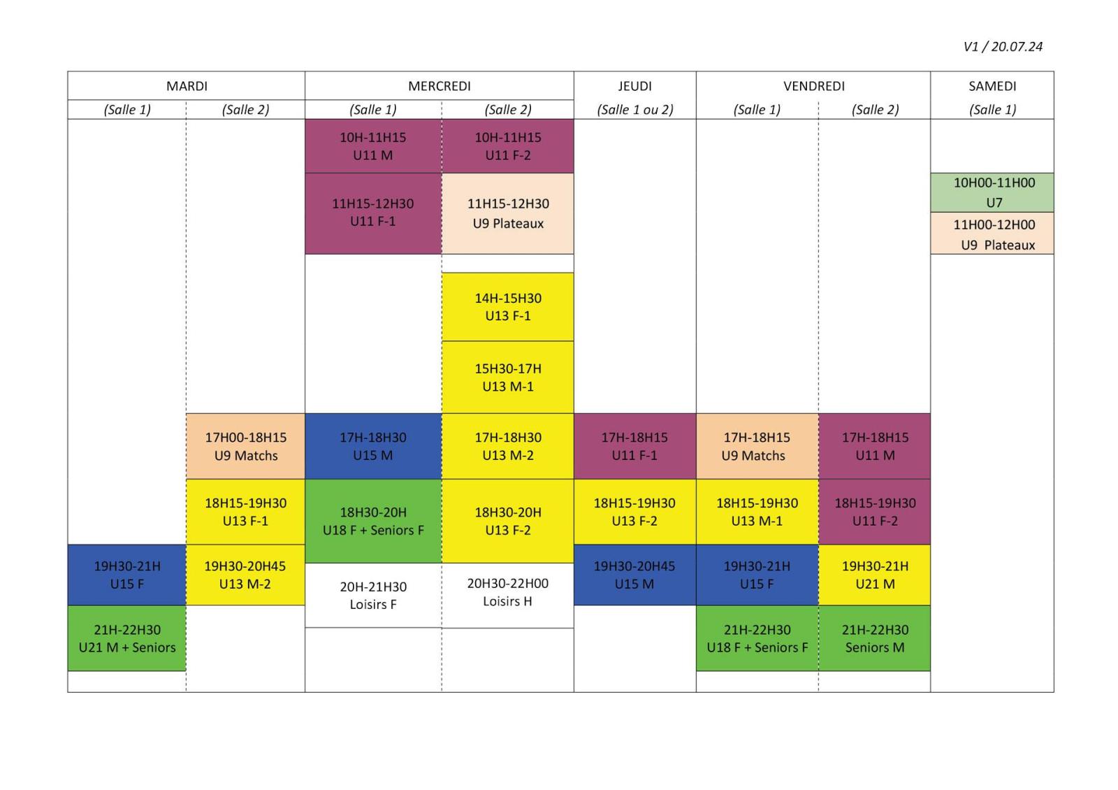 Planning des entrainements 2024/2025